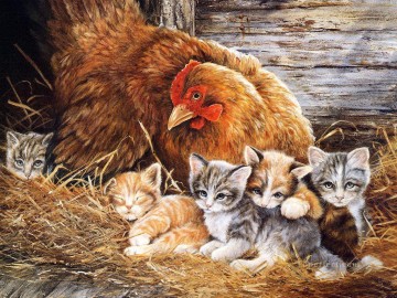 hen and kittens Oil Paintings
